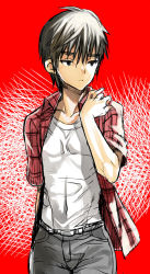 Rule 34 | 1boy, black eyes, black hair, coin rand, collarbone, covered navel, cowboy shot, highres, male focus, open clothes, open shirt, original, red background, shirt, short hair, solo