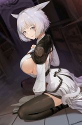 Rule 34 | 1girl, alternate breast size, animal ears, bad id, bad pixiv id, breasts, cat ears, cat girl, cat tail, dutch angle, facial mark, final fantasy, final fantasy xiv, from side, full body, grey eyes, grey hair, indoors, large breasts, long sleeves, looking at viewer, miqo&#039;te, parted lips, shirt, short hair, sideboob, sitting, skindentation, skirt, slit pupils, solo, tail, thighhighs, wariza, whisker markings, y&#039;shtola rhul, zettai ryouiki, zhazhapao