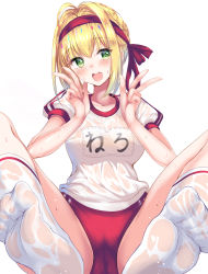 Rule 34 | 10s, 1girl, :d, ahoge, bad id, bad pixiv id, blonde hair, blush, braid, breasts, buruma, clothes writing, double v, fate/extra, fate (series), feet, green eyes, groin, gym shirt, gym uniform, hair intakes, hands up, headband, heart, heart-shaped pupils, highres, kneehighs, looking at viewer, medium breasts, name tag, nero claudius (fate), nero claudius (fate) (all), nero claudius (fate/extra), nero claudius (olympian bloomers) (fate), no shoes, official alternate costume, open mouth, ponytail korosuke, puffy short sleeves, puffy sleeves, red buruma, revision, see-through, shirt, short sleeves, sidelocks, simple background, sitting, smile, socks, soles, solo, spread legs, symbol-shaped pupils, thighs, toes, v, wet, wet clothes, wet shirt, white background, white socks