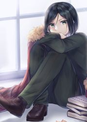 Rule 34 | 1boy, bad id, bad twitter id, black hair, book, brown footwear, cape, commentary request, fate/zero, fate (series), foot up, fur trim, green eyes, green pants, green sweater, highres, knees up, long sleeves, looking at viewer, male focus, nattsu (nattu888 8), pants, parted bangs, red cape, shoes, short hair, sitting, solo, sweater, swept bangs, waver velvet, window
