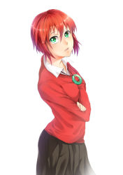 Rule 34 | 1girl, commentary, crossed arms, green hair, hatori chise, long sleeves, looking at viewer, mahou tsukai no yome, open mouth, pleated skirt, red hair, red shirt, sayuuiede, shirt, short hair, simple background, skirt, solo, white background