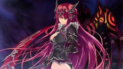 Rule 34 | 1girl, armor, breasts, chobipero, cleavage, game cg, large breasts, long hair, looking at viewer, red eyes, red hair, serious, shin shirogane no soleil reanswer, simple background, solo, standing, sword, weapon, wings