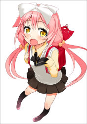 Rule 34 | 1girl, :o, backpack, bag, black socks, blush, body blush, border, bow, buckle, char, face, flat chest, foreshortening, from above, full body, hair bobbles, hair bow, hair ornament, hair ribbon, kneehighs, long hair, long sleeves, looking at viewer, low twintails, mary janes, neck ribbon, open mouth, original, pink hair, pleated skirt, randoseru, ribbon, shirt, shoes, simple background, skirt, sleeves past wrists, socks, solo, standing, sweater, sweater vest, twintails, very long hair, white background, wing collar, yellow eyes