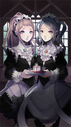 Rule 34 | 2girls, apron, blue eyes, blue hair, cake, felicia (fire emblem), fire emblem, fire emblem fates, flora (fire emblem), food, gloves, holding, looking at viewer, maid, maid apron, maid headdress, multiple girls, nintendo, pink hair, ponytail, siblings, sisters, twins, twintails