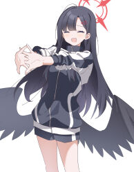 Rule 34 | 1girl, alternate costume, black hair, black wings, blue archive, blush, gym shorts, gym uniform, hair ornament, hairclip, halo, highres, ichika (blue archive), long hair, low wings, nekoln, shorts, solo, stretching, white background, wings