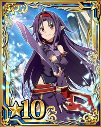Rule 34 | 10s, 1girl, ahoge, armor, breastplate, card (medium), feathers, fingerless gloves, gloves, hairband, holding, holding sword, holding weapon, long hair, looking at viewer, pointy ears, purple armor, purple gloves, purple hair, red eyes, red hairband, smile, solo, star (symbol), sword, sword art online, weapon, white feathers, yuuki (sao)