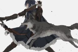 Rule 34 | 1boy, alcryst (fire emblem), animal, armor, arrow (projectile), blue hair, bow (weapon), cape, circlet, fire emblem, fire emblem engage, fur trim, high collar, highres, holding, holding bow (weapon), holding weapon, long sleeves, looking to the side, nintendo, ramuniku ooo, red eyes, short hair, weapon, white background, wolf