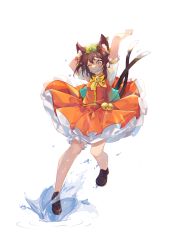 Rule 34 | 1girl, absurdres, animal ear fluff, animal ears, arms up, back bow, bell, black footwear, bloomers, bow, bowtie, brown eyes, brown hair, cat ears, cat girl, chen, commentary, earrings, fish in mouth, full body, green hat, hat, highres, jewelry, looking at viewer, medium hair, mob cap, mouth hold, multiple tails, one eye closed, petticoat, red skirt, red vest, shirt, shoes, short sleeves, simple background, single earring, skirt, solo, splashing, tail, touhou, two tails, underwear, vest, water, white background, white shirt, yellow bow, yellow bowtie, yongzhe mei hong