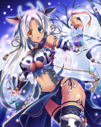 Rule 34 | 1girl, animal ears, animal print, aqua eyes, bell, breasts, cleavage cutout, clothing cutout, cow ears, cow print, cow tail, heterochromia, highres, large breasts, long hair, navel, open mouth, original, solo, tail, tan, tattoo, thighhighs, white hair, yellow eyes, yuzu modoki