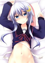 Rule 34 | 10s, 1girl, bandages, blue eyes, blue hair, blush, bottomless, crescent, crescent hair ornament, flat chest, hair ornament, kantai collection, long sleeves, looking at viewer, lying, matching hair/eyes, nagami yuu, naughty face, navel, on back, out-of-frame censoring, personification, school uniform, serafuku, short hair, short hair with long locks, solo, sweat, yayoi (kancolle)