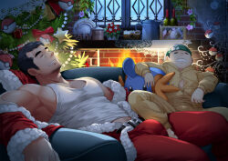 Rule 34 | 2boys, age difference, aged up, bara, brendan (pokemon), caroline (pokemon), chest hair, christmas, christmas ornaments, christmas tree, closed eyes, couch, creatures (company), drooling, facial hair, father and son, from side, game freak, gen 3 pokemon, goatee stubble, hat, highres, indoors, kashi kosugi, large pectorals, leg on another&#039;s leg, long sideburns, male focus, mature male, midriff peek, mouth drool, mudkip, multiple boys, muscular, muscular male, navel hair, nintendo, norman (pokemon), off shoulder, on couch, partially undressed, pectoral cleavage, pectorals, photo (object), poke ball, pokemon, pokemon (anime), pokemon rse, pokemon rse (anime), red headwear, santa costume, santa hat, screenshot inset, short hair, sideburns, sideburns stubble, sidepec, sleeping, stubble, tank top, thick eyebrows, thighs, white tank top