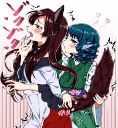 Rule 34 | 2girls, ^^^, animal ears, bare shoulders, berensu, blue eyes, blue hair, blush, brown hair, dress, drill hair, fang, fingernails, fins, head fins, heart, imaizumi kagerou, japanese clothes, jewelry, kimono, long hair, mermaid, monster girl, multiple girls, naughty face, obi, open mouth, red eyes, sash, short hair, tail, tail fondling, touhou, uncommon stimulation, wakasagihime, wolf ears, wolf tail, yuri