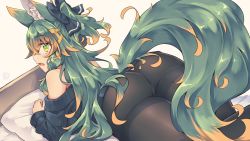 Rule 34 | 1girl, animal ear fluff, animal ears, ass, beige background, black bow, black pantyhose, bow, commentary request, green eyes, green hair, hair bow, highres, kuromiya, kuromiya raika, long hair, looking at viewer, lying, multicolored hair, on stomach, open mouth, original, pantyhose, simple background, solo, tail, two-tone hair