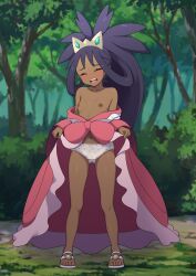 Rule 34 | 1girl, black hair, blush, breasts, breasts out, bush, closed eyes, clothes lift, clothes pull, collarbone, commentary request, commission, creatures (company), dark-skinned female, dark skin, day, eyelashes, forest, full body, game freak, grass, hair rings, highres, iris (pokemon), knees, kohatsuka, lifted by self, long hair, nature, navel, nintendo, nipples, no bra, open mouth, outdoors, pink skirt, pixiv commission, pokemon, pokemon bw2, ponytail, raised eyebrows, sandals, shirt, shirt pull, skirt, skirt lift, small breasts, solo, standing, teeth, tiara, tongue, tree, underwear, upper teeth only, white shirt