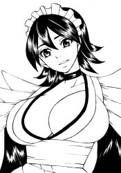 Rule 34 | 1girl, breasts, cleavage, highres, iroha (samurai spirits), japanese clothes, large breasts, looking at viewer, maid headdress, monochrome, parted lips, samurai spirits, short hair, smile, snk, solo
