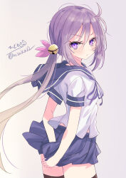 Rule 34 | 1girl, absurdres, akebono (kancolle), bell, black thighhighs, blue sailor collar, blue skirt, flower, from behind, hair bell, hair flower, hair ornament, highres, hizaka, jingle bell, kantai collection, long hair, looking at viewer, one-hour drawing challenge, pleated skirt, purple eyes, purple hair, sailor collar, school uniform, serafuku, side ponytail, skirt, solo, thighhighs, very long hair