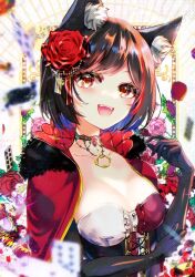 Rule 34 | 1girl, animal ear fluff, animal ears, black choker, black gloves, breasts, capelet, card, choker, cleavage, collarbone, commentary, corset, elbow gloves, flower, gloves, hair flower, hair ornament, highres, hololive, looking at viewer, medium breasts, multicolored hair, official alternate costume, ookami mio, ookami mio (wonderland), open mouth, petals, playing card, red capelet, red flower, short hair, smile, solo, sowon, streaked hair, symbol-only commentary, upper body, virtual youtuber, wolf ears