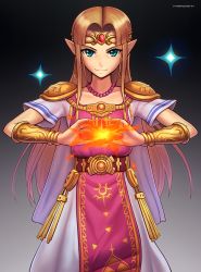 Rule 34 | 1girl, armor, artist name, bead necklace, beads, belt, blonde hair, blush, bracer, circlet, closed mouth, collarbone, dress, feet out of frame, fire, forehead jewel, gradient background, grey background, hybridmink, jewelry, long hair, magic, necklace, nintendo, parted bangs, pauldrons, pink tabard, pointy ears, princess zelda, short sleeves, shoulder armor, sidelocks, smile, solo, sparkle, standing, super smash bros., tabard, the legend of zelda, the legend of zelda: a link between worlds, the legend of zelda: a link to the past, triforce, white dress