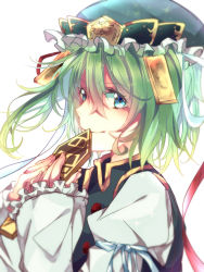 Rule 34 | 1girl, blue eyes, green hair, hat, kuromame, looking at viewer, rod of remorse, shiki eiki, short hair, simple background, solo, touhou, white background
