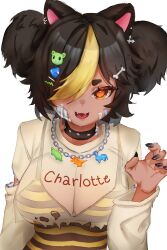 Rule 34 | 1girl, absurdres, animal ears, bandages, bandaid, bandaid on face, bear ears, bear girl, bear hair ornament, black camisole, black choker, black hair, black nails, blonde hair, bone hair ornament, breasts, brown eyes, camisole, chain necklace, character name, charlotte bear, choker, cleavage, clothes writing, crop top, earrings, fangs, hair ornament, hair over one eye, highres, indie virtual youtuber, jewelry, large breasts, lunarisbloom, multicolored clothes, multicolored hair, necklace, open mouth, see-through, see-through cleavage, see-through shirt, shirt, short hair, solo, streaked hair, striped camisole, torn clothes, torn shirt, upper body, virtual youtuber, yellow camisole