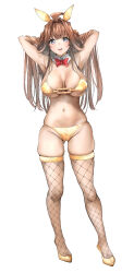 Rule 34 | 1girl, ahoge, alternate costume, animal ears, arms behind head, bikini, bow, bowtie, breasts, brown hair, commentary request, detached collar, double bun, fake animal ears, fishnet thighhighs, fishnets, full body, gluteal fold, gold bikini, gold footwear, hair bun, hair lift, highres, kantai collection, kongou (kancolle), large breasts, long hair, looking at viewer, navel, open mouth, purple eyes, rabbit ears, red bow, red bowtie, swimsuit, teeth, thighhighs, tororo ten, upper teeth only, white background