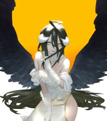 Rule 34 | 1girl, ahoge, albedo (overlord), bare shoulders, black hair, black wings, breasts, cleavage, commentary request, demon girl, demon horns, demon wings, dress, feathered wings, gloves, hair between eyes, horns, large breasts, long hair, looking at viewer, mi8pq, open mouth, overlord (maruyama), slit pupils, smile, solo, white dress, white gloves, wings, yellow eyes