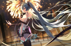 Rule 34 | 1girl, aqua eyes, aqua hair, black sleeves, black thighhighs, detached sleeves, fireworks, grin, hair ornament, hatsune miku, highres, long hair, looking at viewer, navel, open mouth, sb lama, shirt, smile, solo, standing, thighhighs, twintails, very long hair, vocaloid, white shirt