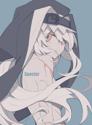 Rule 34 | 1girl, arknights, aww (pixiv4034890), blood, breasts, buckle, character name, closed mouth, completely nude, convenient censoring, empty eyes, eyes visible through hair, from side, grey background, grey hair, hair censor, injury, long hair, looking at viewer, looking to the side, medium breasts, nude, red eyes, simple background, solo, specter (arknights), tears, upper body, veil, very long hair