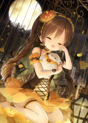 Rule 34 | 1girl, :d, ^ ^, absurdres, arm up, bad id, bad pixiv id, bare shoulders, blurry, blurry foreground, blush, bridal garter, brown choker, brown dress, brown hair, character request, choker, closed eyes, collarbone, crying, depth of field, dress, dutch angle, earrings, facing viewer, fang, fence, food-themed hair ornament, frilled choker, frills, full moon, green wings, hair between eyes, hair ornament, happy tears, highres, jack-o&#039;-lantern, jewelry, lamppost, long hair, moon, night, night sky, hugging object, official art, open mouth, outdoors, qurare magic library, see-through, siloteddy, sitting, sky, sleeveless, sleeveless dress, smile, solo, stuffed animal, stuffed sheep, stuffed toy, tears, transparent wings, twintails, very long hair, wariza, wings, wiping tears