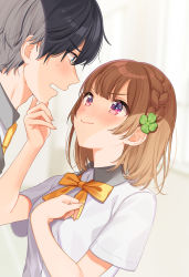 Rule 34 | &gt;:), 1boy, 1girl, bad id, bad pixiv id, black legwear, blue eyes, blush, bow, bowtie, braid, brown hair, closed mouth, clover hair ornament, collared shirt, commentary request, copyright request, eye contact, four-leaf clover hair ornament, from side, hair ornament, hand on another&#039;s chin, hand on own chest, height difference, highres, looking at another, necktie, official art, orange bow, orange neckwear, profile, purple eyes, school uniform, shigure ui, shirt, short hair, short sleeves, side braid, smile, smug, sweat, upper body, white shirt