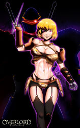 Rule 34 | absurdres, armor, artist name, asymmetrical footwear, bad id, bad pixiv id, between fingers, black skirt, blonde hair, breasts, cleavage, clementine (overlord), collarbone, commentary, copyright name, criss-cross halter, dagger, eyes in shadow, feet out of frame, garter belt, gauntlets, glowing, glowing eye, grin, halterneck, highres, holding, holding weapon, jazz jack, knife, large breasts, looking at viewer, midriff, miniskirt, mismatched footwear, momon (overlord), navel, o-ring, o-ring legwear, overlord (maruyama), parted lips, pauldrons, red eyes, ribs, short hair, shoulder armor, skirt, smile, stiletto (weapon), sword, thighhighs, weapon, weapon on back, wide hips