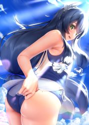 Rule 34 | 1girl, armpits, ass, black hair, blue one-piece swimsuit, blush, clothes pull, competition school swimsuit, competition swimsuit, etsunami kumita, from behind, green eyes, highres, i-47 (kancolle), kantai collection, long hair, looking at viewer, looking to the side, mole, mole on ass, one-piece swimsuit, one-piece swimsuit pull, open mouth, outdoors, school swimsuit, sidelocks, sky, solo, swimsuit, swimsuit under clothes, thighs
