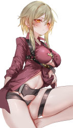 Rule 34 | 1girl, absurdres, alternate costume, blonde hair, blush, borrowed clothes, breasts, closed mouth, collared shirt, genshin impact, hair between eyes, highres, large breasts, long sleeves, looking to the side, lumine (genshin impact), navel, pottsness, red shirt, shirt, short hair with long locks, sidelocks, simple background, skindentation, thigh strap, thighs, underboob, white background, yellow eyes