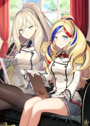 Rule 34 | 2girls, alternate costume, aqua eyes, blonde hair, blue hair, buttons, commandant teste (kancolle), cosplay, couch, curtains, double-breasted, dress, epaulettes, french text, gloves, hair between eyes, indoors, kantai collection, kashima (kancolle), kashima (kancolle) (cosplay), katori (kancolle), katori (kancolle) (cosplay), kinsenka momi, long hair, miniskirt, mole, mole under eye, mole under mouth, multicolored hair, multiple girls, pleated skirt, red curtains, red hair, richelieu (kancolle), sitting, skirt, sunlight, swept bangs, white hair, window