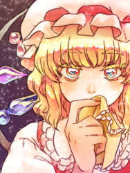 Rule 34 | 1girl, ascot, blonde hair, bow, covering own mouth, crystal, flandre scarlet, frills, hat, hat bow, mob cap, red eyes, shirane koitsu, solo, touhou, wings