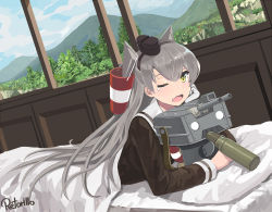 Rule 34 | 10s, 1girl, amatsukaze (kancolle), artist name, bad id, bad pixiv id, blanket, hair tubes, kantai collection, long hair, looking at viewer, lying, mountain, on bed, on stomach, one eye closed, open mouth, plant, rensouhou-kun, retorillo, shell casing, silver hair, tears, two side up, white eyes, window, yellow eyes