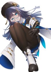 Rule 34 | 1girl, ankle boots, black gloves, black hat, black pantyhose, blue eyes, blue hair, blunt bangs, blunt ends, blush, boots, coat, coat on shoulders, dot nose, full body, glasses, gloves, gold trim, hat, hat tassel, highres, honkai: star rail, honkai (series), knees up, light smile, long hair, looking at viewer, meda, pantyhose, pela (honkai: star rail), round eyewear, simple background, solo, white background, white coat, white footwear