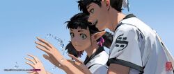 Rule 34 | 1boy, 1girl, black hair, commentary, day, english commentary, from side, grey eyes, hands up, highres, hydrokinesis, kan liu (666k), original, outdoors, patreon username, pointy ears, profile, seal impression, shirt, short hair, short sleeves, signature, sky, teaching, teeth, twintails, upper body, upper teeth only, water, white shirt