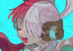 Rule 34 | 1girl, blue background, close-up, closed eyes, commentary, headphones, highres, multicolored hair, music, one eye closed, one piece, one piece film: red, open mouth, red hair, singing, solo, two-tone hair, uta (one piece), waniwani zatta, white hair