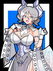 Rule 34 | 1girl, breasts, cleavage, demon girl, demon horns, demon wings, dress, duel monster, gloves, grey eyes, highres, horiguchiaoi, horns, large breasts, leotard, leotard under clothes, looking at viewer, lovely labrynth of the silver castle, low wings, multiple wings, pointy ears, smile, solo, transparent wings, twintails, white hair, white horns, wings, yu-gi-oh!