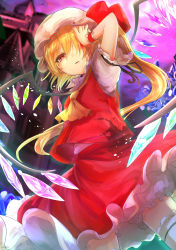 Rule 34 | 1girl, absurdres, ascot, blonde hair, blood, blood on face, bloomers, commentary, cowboy shot, dutch angle, ekisutora, expressionless, flandre scarlet, from below, hair between eyes, hair over one eye, hand over eye, hat, hat ribbon, head tilt, highres, looking at viewer, mob cap, night, open mouth, outdoors, parted lips, petticoat, puffy short sleeves, puffy sleeves, purple sky, red skirt, red vest, ribbon, scarlet devil mansion, shirt, short hair, short sleeves, side ponytail, skirt, sky, solo, standing, thighhighs, touhou, underwear, vest, white hat, white shirt, white thighhighs, wings, wrist cuffs, yellow ascot