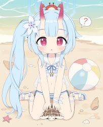 Rule 34 | 1girl, ?, animal, animal on head, ball, beach, beachball, bikini, blue archive, blue hair, blue halo, blush, chise (blue archive), chise (swimsuit) (blue archive), collarbone, crab, flower, hair flower, hair ornament, halo, highres, horns, long hair, ocean, official alternate costume, on head, oni horns, parted lips, poco (zdrq3), red eyes, red horns, sailor collar, sandals, side ponytail, sitting, solo, spoken question mark, starfish, striped bikini, striped clothes, swimsuit, turtle, wariza, water, white flower, white sailor collar