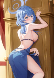 Rule 34 | 1girl, absurdres, ako (blue archive), ako (dress) (blue archive), ass, backless dress, backless outfit, black hairband, blue archive, blue dress, blue eyes, blue hair, blue halo, blush, breasts, dress, earrings, feet out of frame, hair between eyes, hairband, halo, highres, jewelry, kesa pasa, large breasts, long hair, looking at viewer, official alternate costume, open mouth, sideboob, sleeveless, sleeveless dress, solo