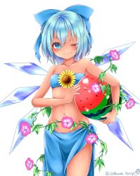 Rule 34 | 1girl, alternate costume, bandeau, bare shoulders, bikini, blue bow, blue eyes, blue hair, bow, carrying, chikuwa savy, cirno, closed eyes, collarbone, flower, food, fruit, hair between eyes, hair bow, hidden star in four seasons, ice, ice wings, looking at viewer, melon, morning glory, navel, one eye closed, sarong, short hair, smile, solo, standing, stomach, strapless, strapless bikini, swimsuit, tanned cirno, thighs, touhou, tube top, twitter username, wings