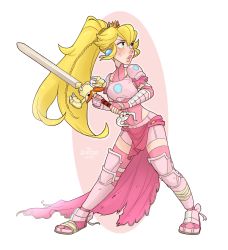 Rule 34 | 1girl, armor, bandages, blonde hair, blue eyes, braid, crown, dress, earrings, elbow gloves, exor, fingerless gloves, gloves, high ponytail, highres, jewelry, lips, long hair, mario (series), nintendo, pelvic curtain, pink dress, ponytail, princess peach, ribbon, simple background, skirtzzz, skull, solo, super mario rpg, sword, thighhighs, torn clothes, weapon