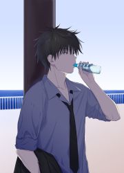 Rule 34 | 1boy, black eyes, black hair, black necktie, blue skirt, bottle, chigusa kasumi, collared shirt, commentary, day, drinking, hand up, holding, holding bottle, long sleeves, looking to the side, necktie, ocean, outdoors, parted lips, qualidea code, sekiya asami, shirt, short hair, skirt, solo, standing, sweat, upper body
