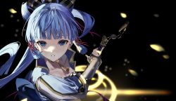 Rule 34 | 1girl, absurdres, ayaka (genshin impact), black background, blue eyes, blue hair, blue shirt, blunt bangs, bridal gauntlets, chinese knot, commentary, genshin impact, hair ornament, hand up, hatachi8p, highres, holding, holding sword, holding weapon, long hair, looking at viewer, parted lips, shirt, sleeves past elbows, solo, sword, tassel choker, upper body, weapon