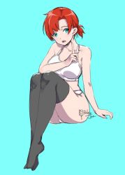 Rule 34 | 1girl, :o, aqua background, aqua eyes, bare arms, bare shoulders, bikini, black thighhighs, blush, boudica (fate), collarbone, fate/grand order, fate (series), full body, index finger raised, knees up, looking at viewer, open mouth, red hair, relaxjon, short hair, short ponytail, signature, simple background, sitting, solo, swimsuit, thighhighs, white bikini