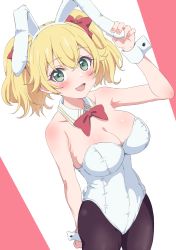 Rule 34 | 1girl, :d, animal ears, arm up, black pantyhose, blonde hair, blush, bow, bowtie, breasts, cleavage, collar, commentary request, cowboy shot, detached collar, fake animal ears, green eyes, hair between eyes, hairband, highres, holding ears, lapis re:lights, lavie (lapis re:lights), leotard, looking at viewer, medium breasts, open mouth, pantyhose, pink background, playboy bunny, rabbit ears, red bow, red bowtie, sincos, smile, solo, standing, strapless, strapless leotard, twintails, two-tone background, white background, white collar, white hairband, white leotard, wing collar, wrist cuffs