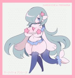 Rule 34 | 1girl, :p, absurdres, aliceyawnin, alternate color, aqua hair, bikini, blue eyes, blue hair, blush, breasts, creatures (company), fins, fish tail, fusion, game freak, gardevoir, gen 3 pokemon, gen 7 pokemon, hair ornament, hair over one eye, highres, large breasts, long hair, looking at viewer, nintendo, original, pokemon, pokemon (creature), primarina, simple background, solo, swimsuit, tail, thighhighs, tongue, tongue out